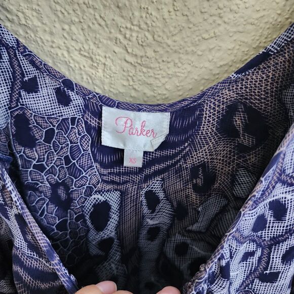 PARKER Mini Dress Cold Shoulder 100% Silk Ruffle Flared Sleeve Abstract Art Blue - Picture 5 of 10